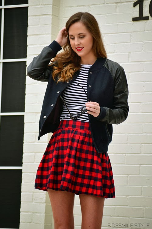 checkered skirt red shirt